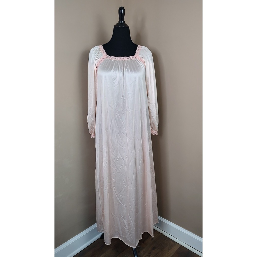 Vintage Olga‎ Secret Hug Pink Lace Trim Long Sleeve Nightgown 9631 Small